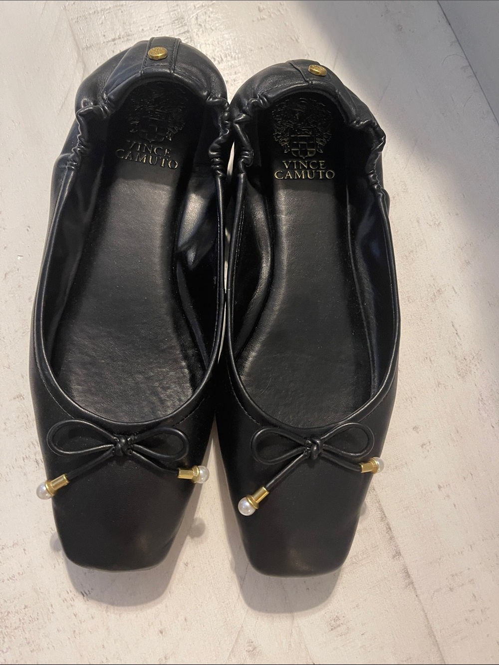 Vince Camuto Black Leather Ballet Flats with Gold Accents
